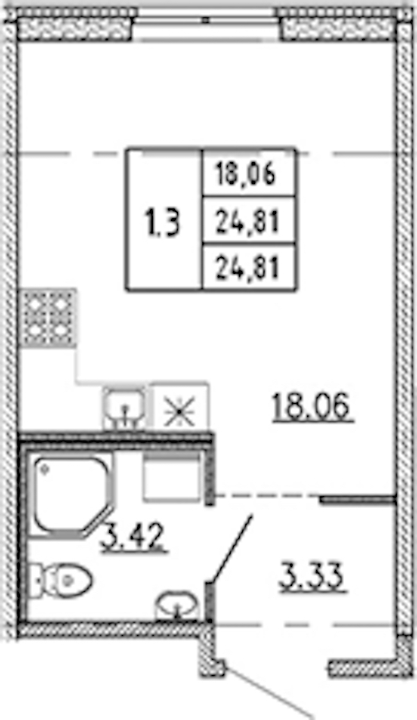 Квартира студия 24.81 м², 1/22 эт., ЖК «Новые горизонты 2»